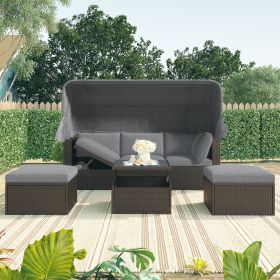 U_Style Outdoor Patio Rectangle Daybed with Retractable Canopy, Wicker Furniture Sectional Seating with Washable Cushions, Backyard, Porch(As same as