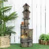Outsunny Outdoor Fountain with Birdhouse, Cascading Garden Waterfall Bird Bath with 3-Tier Rustic Tree Trunk / Log Design, LED Lights for Porch, Deck,
