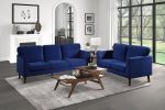 Modern Contemporary Living Room 1pc Loveseat Blue Velvet Upholstery Dark Brown Legs Solid Wood Furniture
