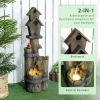 Outsunny Outdoor Fountain with Birdhouse, Cascading Garden Waterfall Bird Bath with 3-Tier Rustic Tree Trunk / Log Design, LED Lights for Porch, Deck,