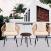 3 Piece Patio Bistro Set with Side Table, Outdoor PE Rattan Conversation Chair Set,Furniture of Coffee Table with Glass Top,Cushions & Lumbar Pillows