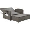 PE Wicker Rattan Double Chaise Lounge; 2-Person Reclining Sunbed with 3-Height Adjustable Back; Free Furniture Protection Cover